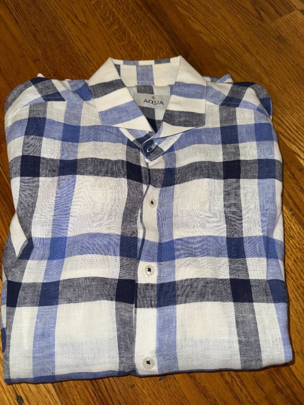 Aqua Toscano Men's Blue White Plaid Linen Cotton Button Down Shirt Medium